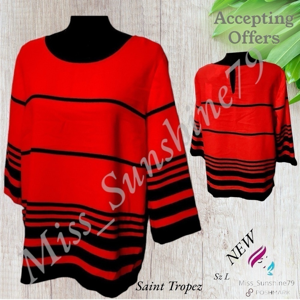 Saint Tropez West NWT - Sz L - striped flowy wide sleeved keyhole back blouse